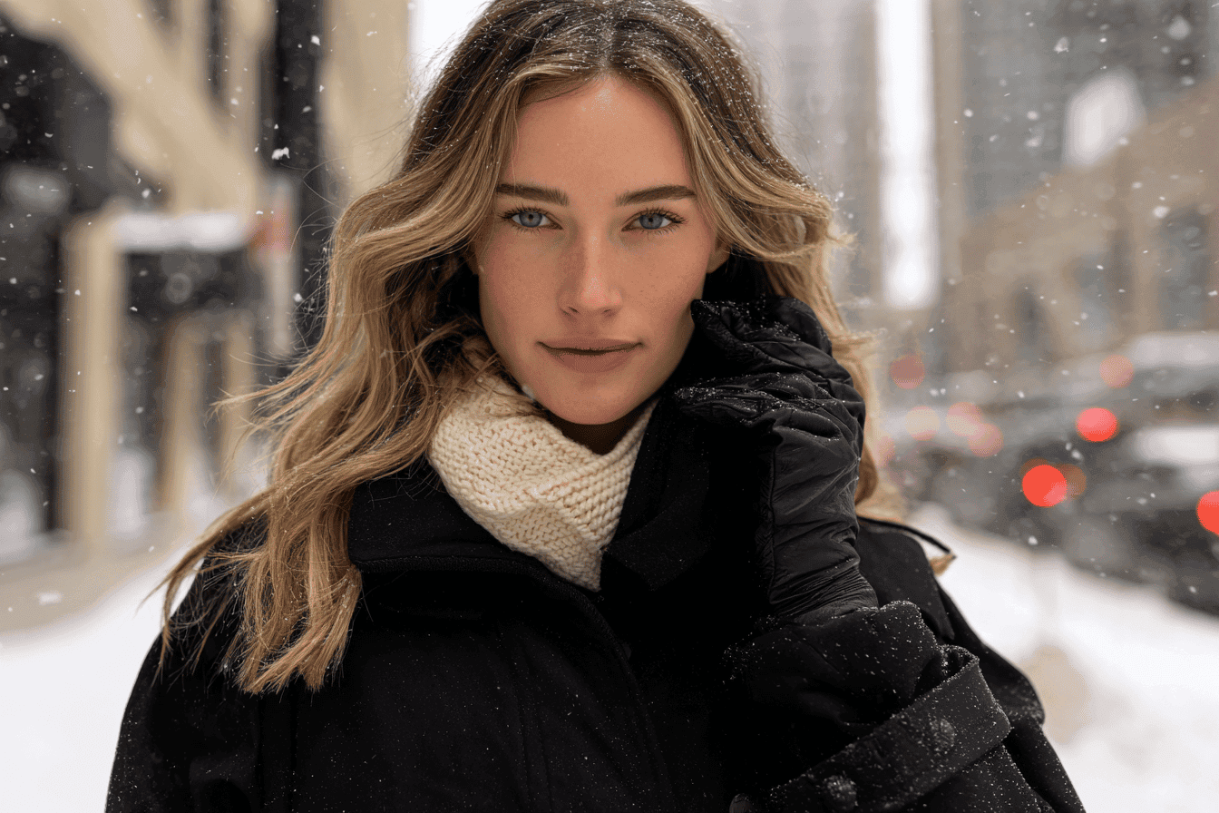 Woman in a black winter jacket and scarf in the snow