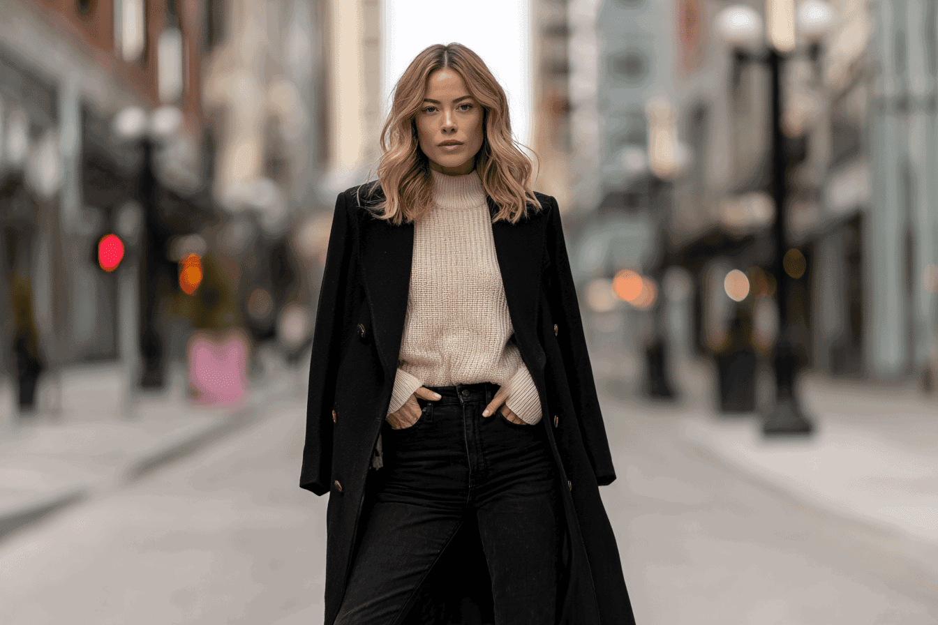 Woman in black jeans, beige sweater, and black coat in winter look