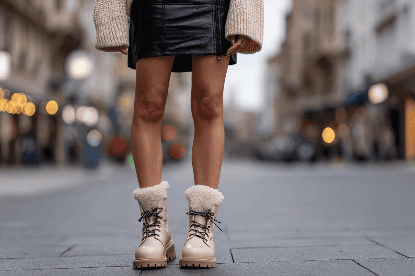 Black leather skirt with beige knitted sweater and winter boots