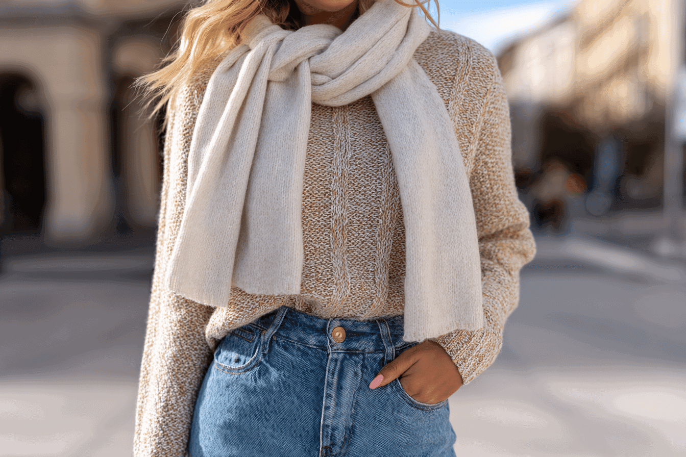 Woman wearing a knitted sweater, jeans, and a light scarf.