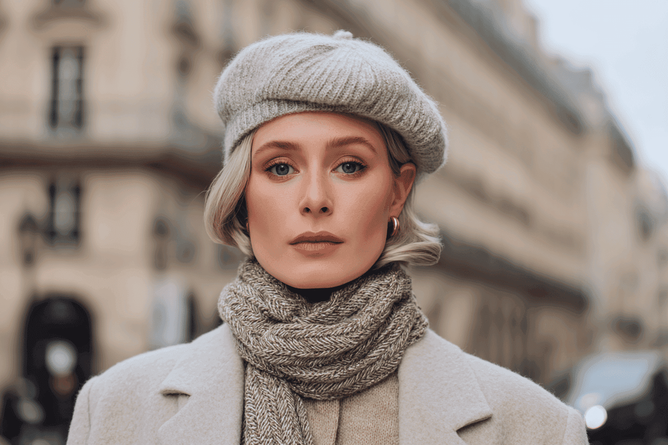 Woman in a beige coat with a knitted hat and scarf on a Parisian street