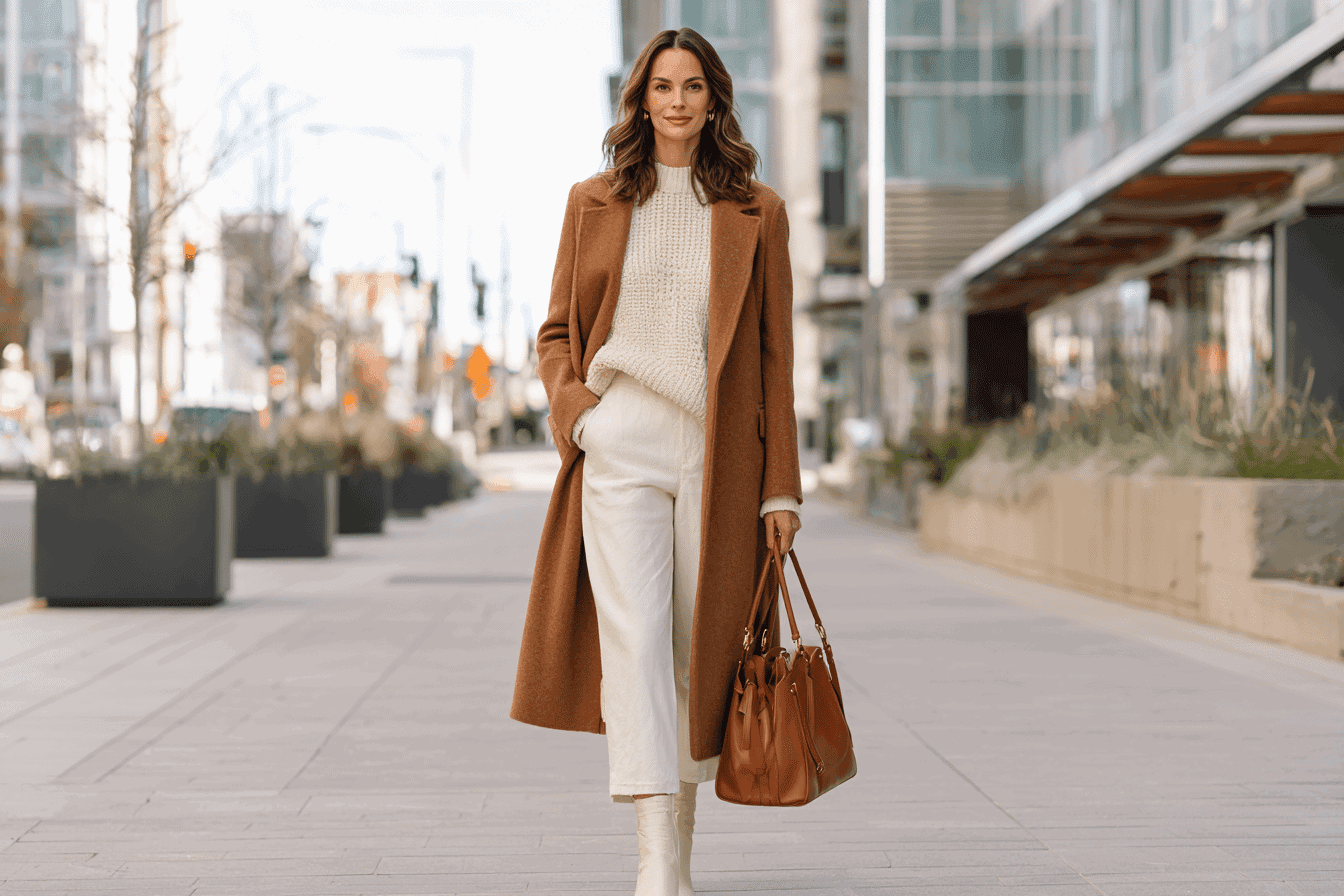 Woman in a winter smart casual outfit with a brown coat and white pants
