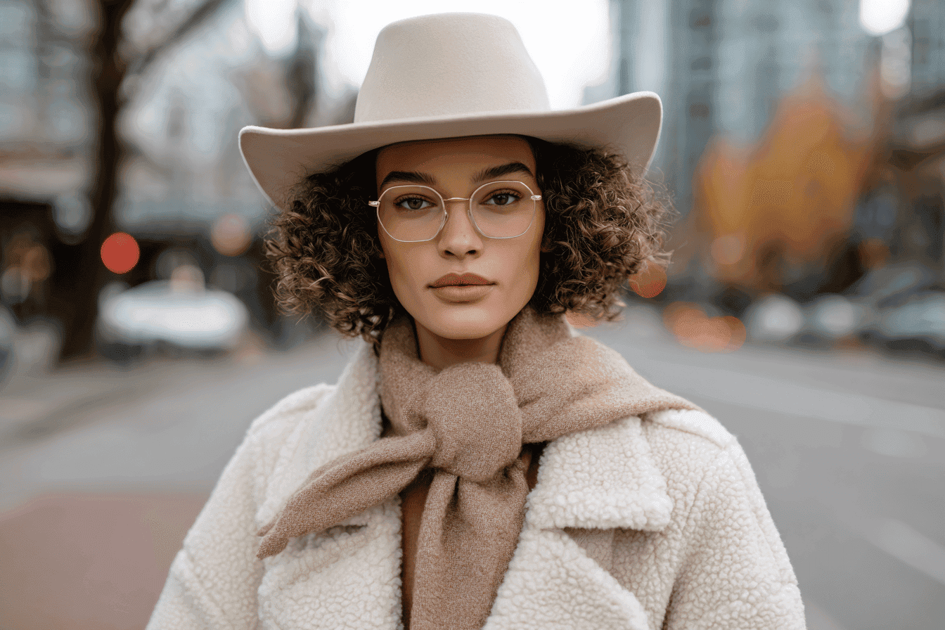 Woman wearing a beige cowgirl hat, scarf, and teddy wool coat in the city