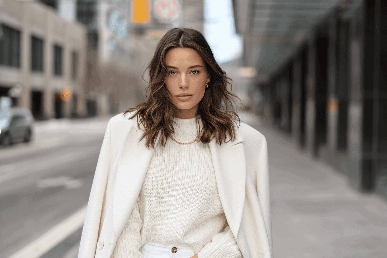 Woman in a white winter outfit with white jeans and coat on an urban street