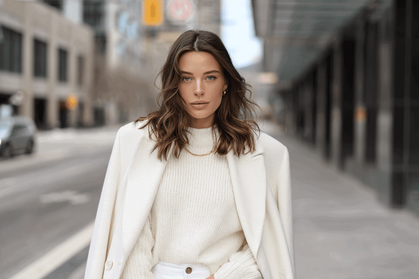 Woman in a white winter outfit with white jeans and coat on an urban street