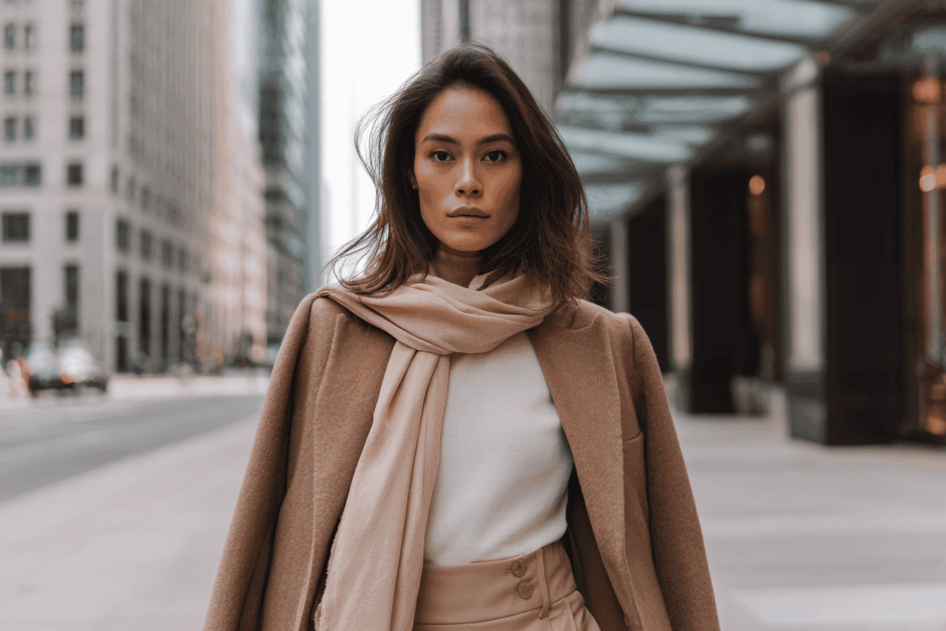 Woman in a beige coat, white sweater, and scarf on a city street