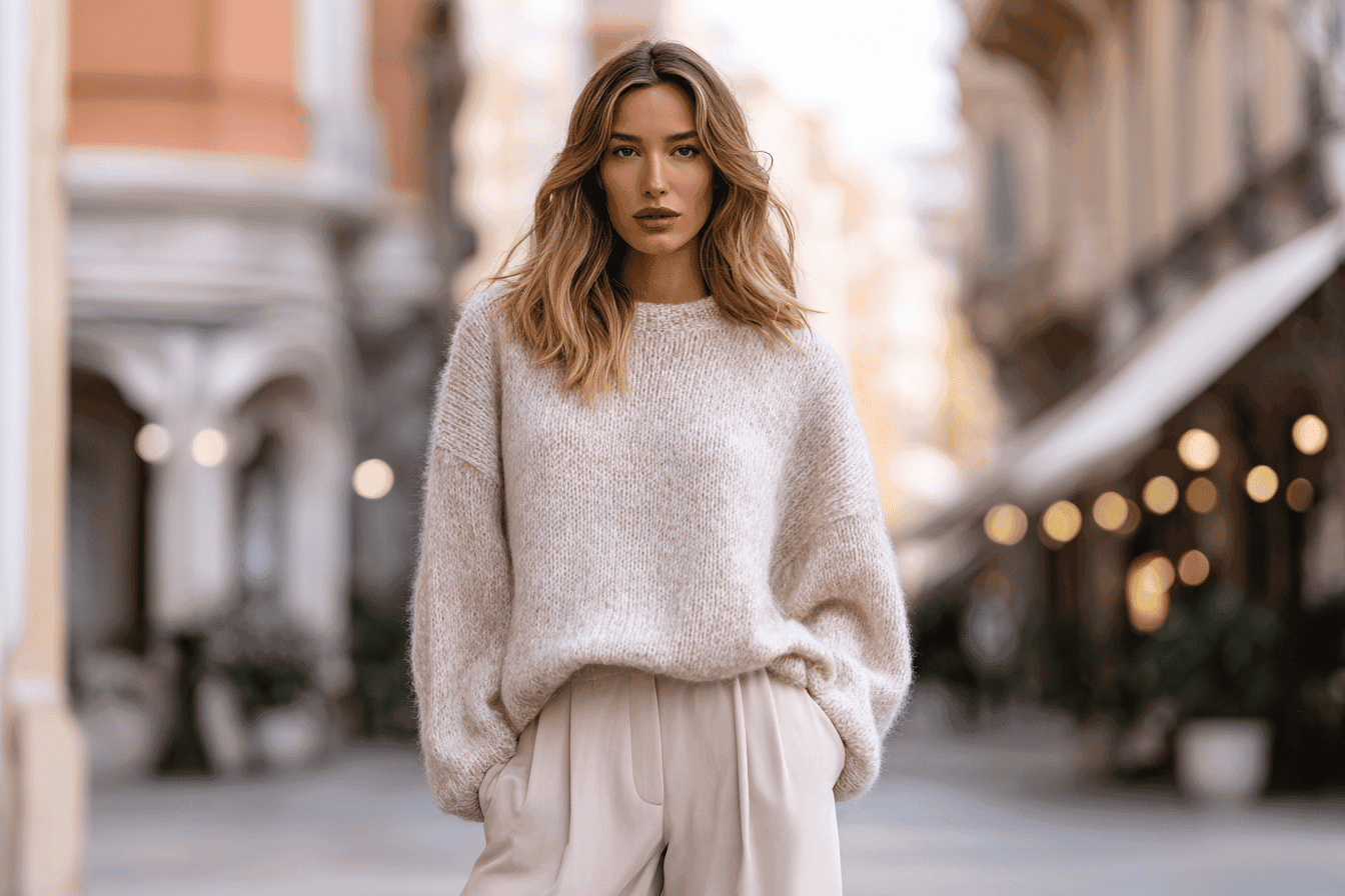 Woman wearing a beige knitted sweater and wide fabric trousers.