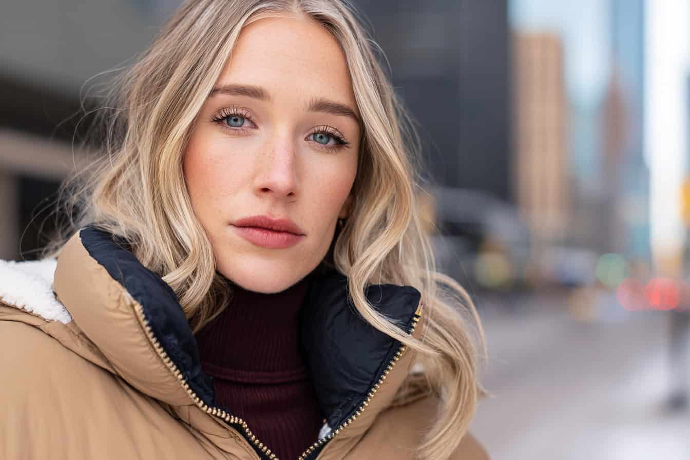 Frau mit Winterjacke und Rollkragenpullover in der Stadt