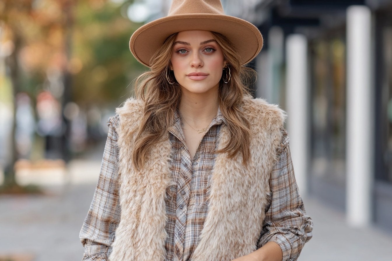Frau mit beigem Hut, kariertem Hemd und flauschiger Weste für ein Winter Country Konzert Outfit