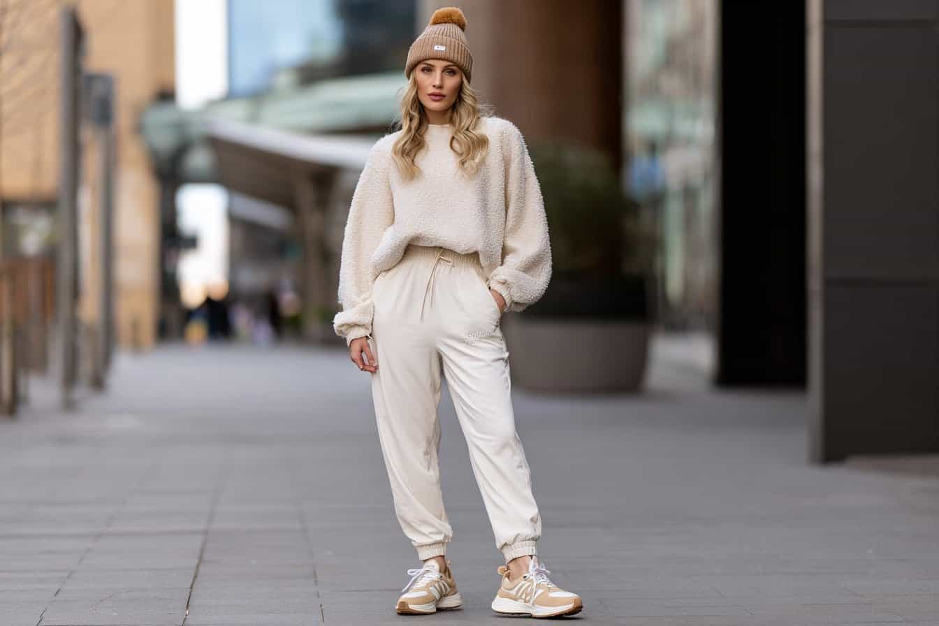 Frau in beigem Pullover, Jogginghose und Mütze bei Winterwetter