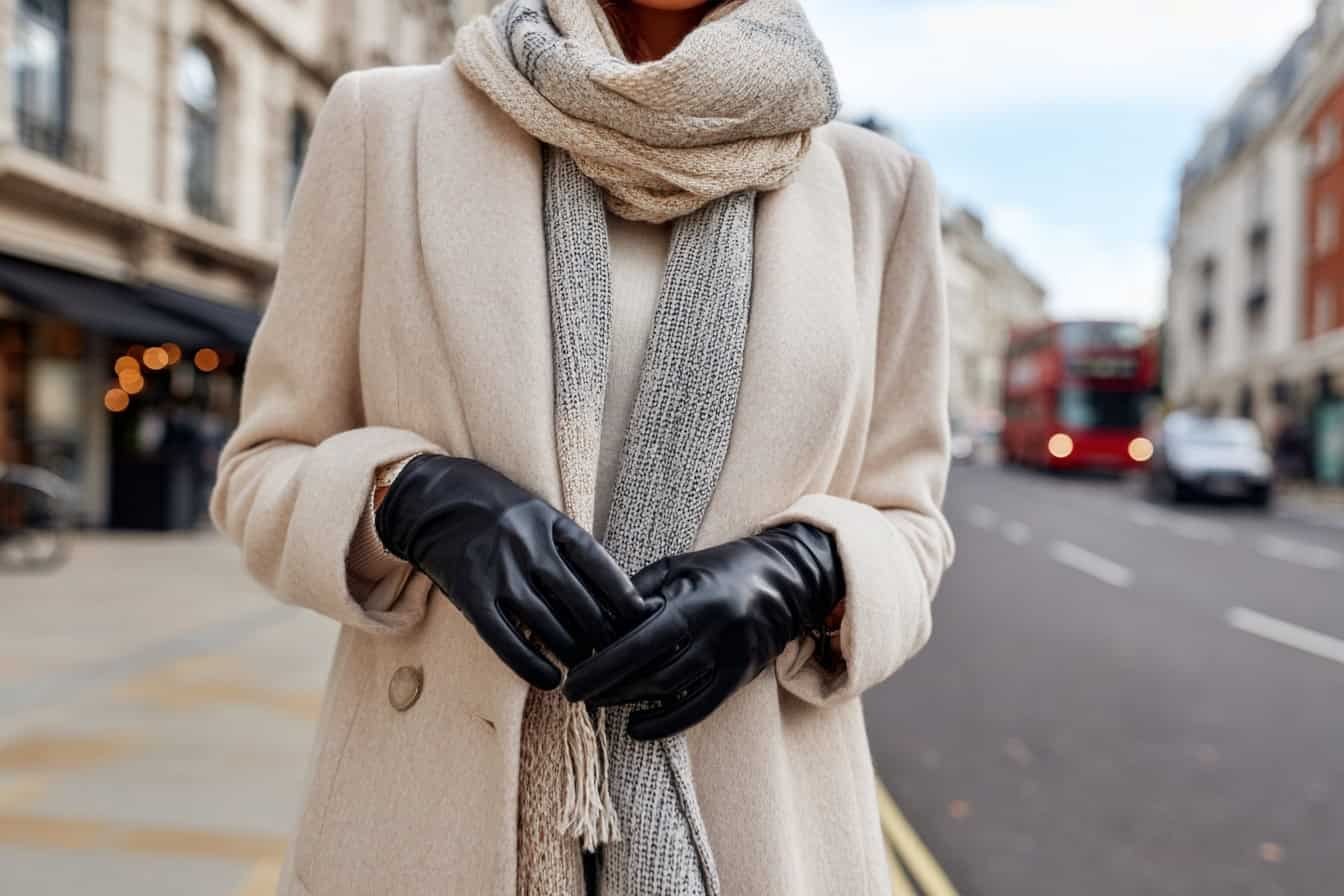 Frau mit beigem Mantel, grauem Schal und schwarzen Lederhandschuhen auf Londons Straße